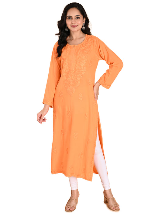 Orange Rayon Lucknowi Chikankari Long Kurta for Women with Hand Embroidery – Elegant Traditional Ethnic Wear Kurti
