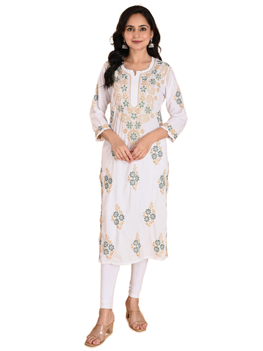 White Cotton Lucknowi Chikankari Long Kurta for Women with Green & Golden Thread Hand Embroidery – Ethnic Wear Kurti