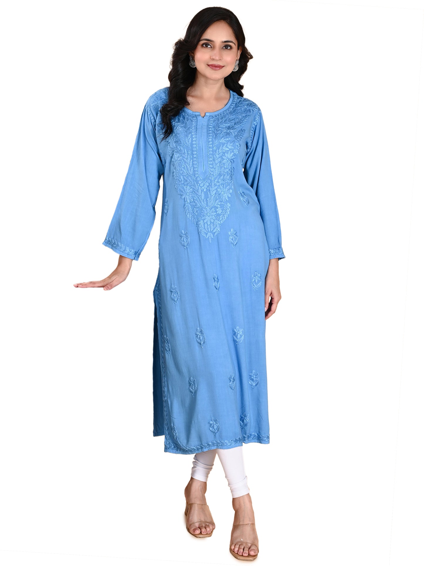 Blue Rayon Lucknowi Chikankari Long Kurta for Women with Hand Embroidery – Elegant Traditional Ethnic Wear Kurti