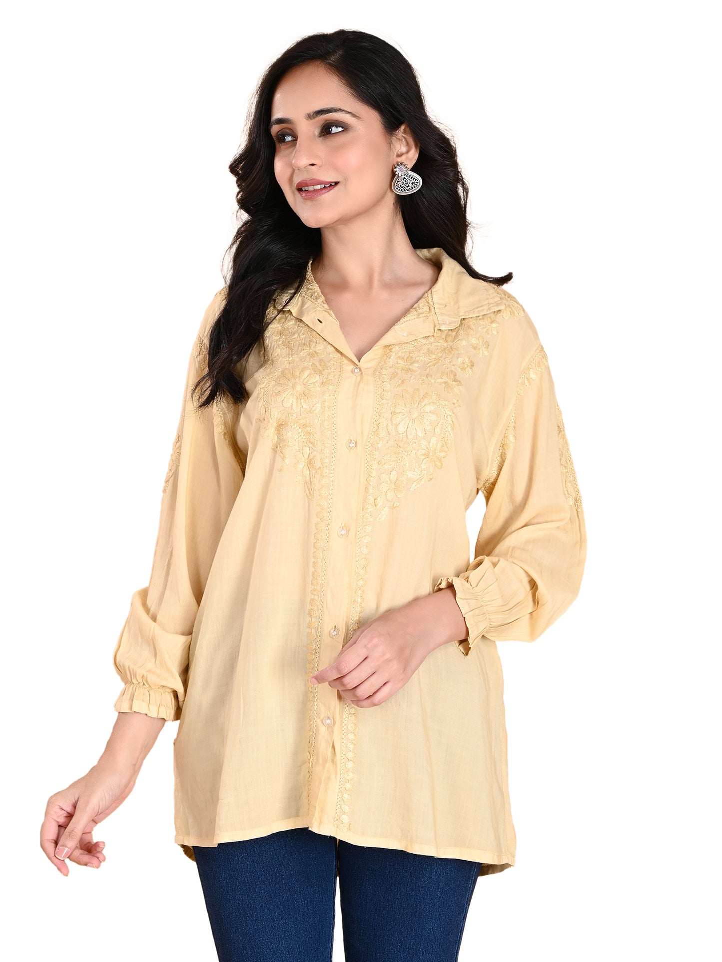 Cream Modal Lucknowi Chikankari Shirt Style Short Kurti for Women with Hand Embroidery – Casual Ethnic Wear Top