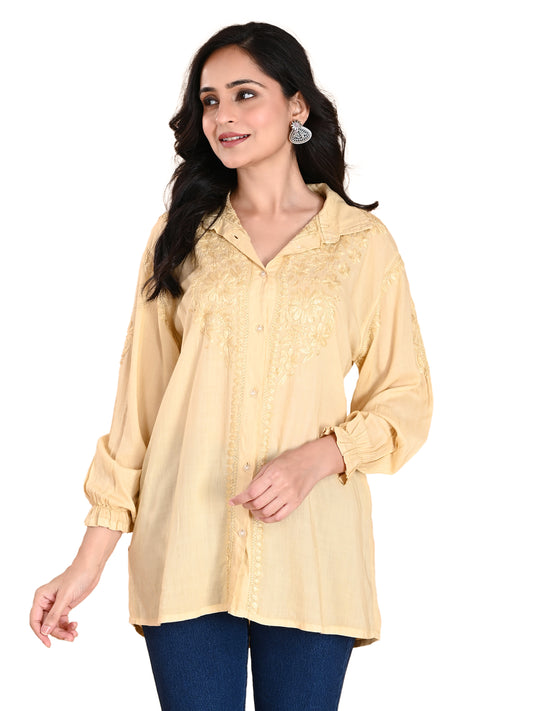 Cream Modal Lucknowi Chikankari Shirt Style Short Kurti for Women with Hand Embroidery – Casual Ethnic Wear Top