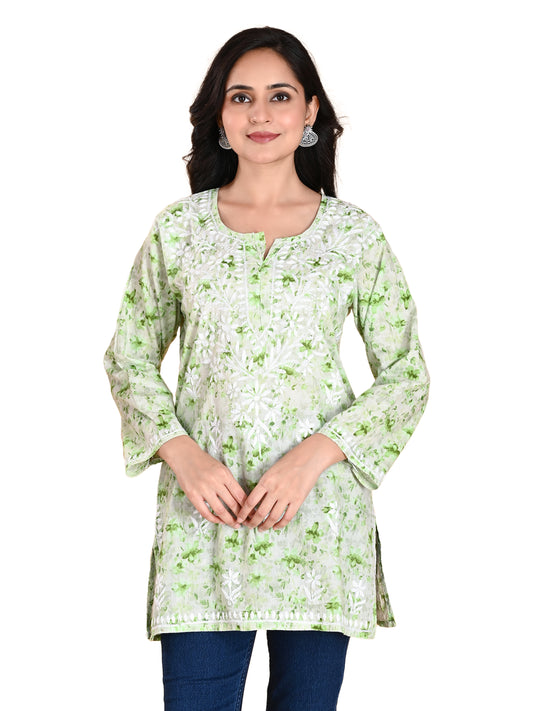 Green Mul Cotton Lucknowi Chikankari Short Kurti for Women with Hand Embroidery – Casual Ethnic Wear Top