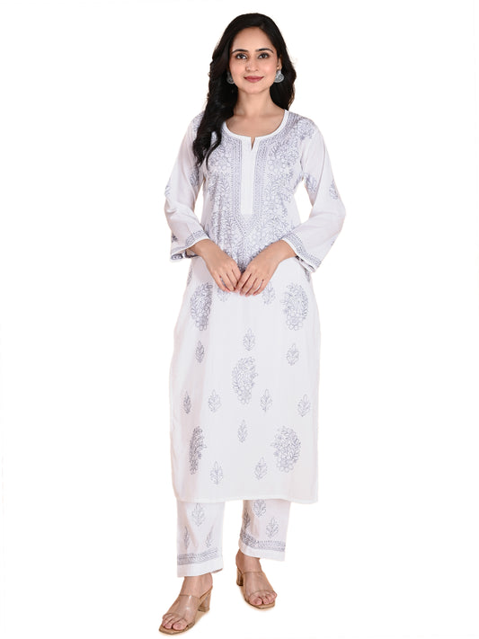 White Cotton Lucknowi Chikankari Kurta with Pajama Set for Women with Grey Thread Hand Embroidery – Ethnic Wear Suit Set