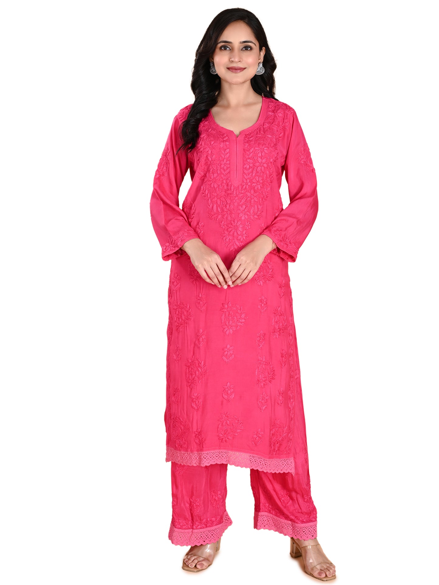 Magenta Muslin Lucknowi Chikankari Kurta with Palazzo Set for Women with Hand Embroidery – Long Ethnic Wear Suit Set