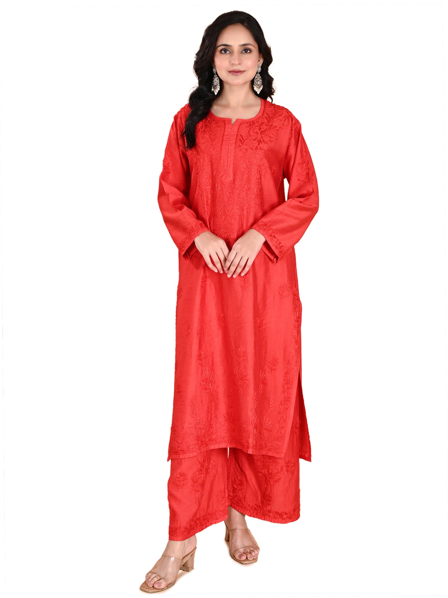 Red Chanderi Lucknowi Chikankari Kurta with Pajama Set for Women with Hand Embroidery – Long Ethnic Wear Suit Set