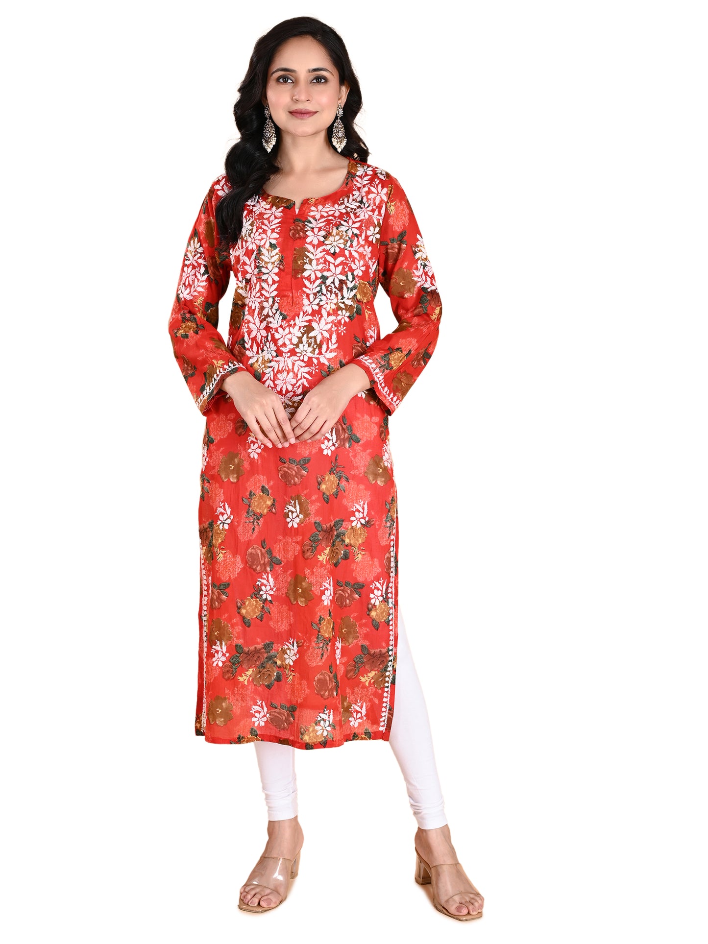 Red Mul Cotton Lucknowi Chikankari Floral Printed Long Kurti for Women with Hand Embroidery – Elegant Ethnic Wear Kurta