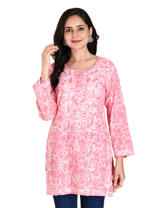 Pink Mul Cotton Lucknowi Chikankari Short Kurti for Women with Hand Embroidery – Casual Ethnic Wear Top