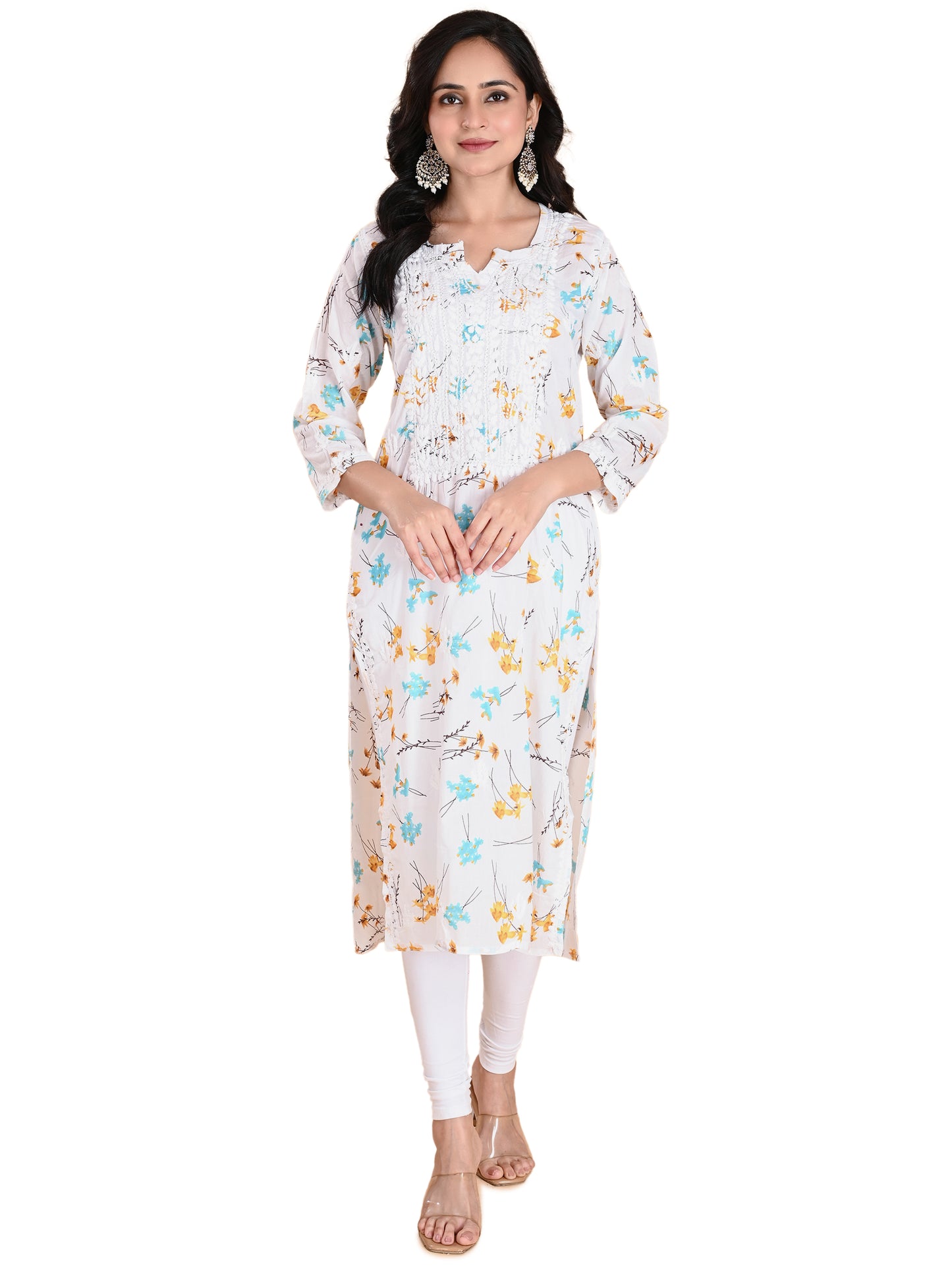 Mulmul Cotton Lucknowi Chikankari Blue Floral Printed Long Kurta for Women with Hand Embroidery – Ethnic Wear Kurti