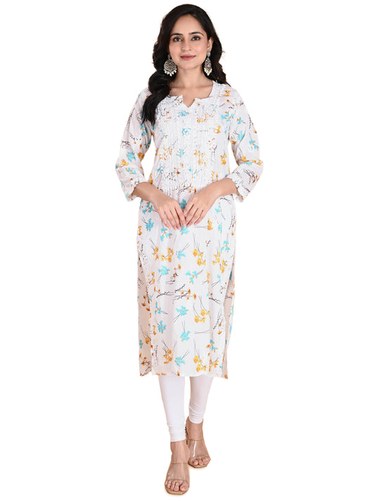 Mulmul Cotton Lucknowi Chikankari Blue Floral Printed Long Kurta for Women with Hand Embroidery – Ethnic Wear Kurti