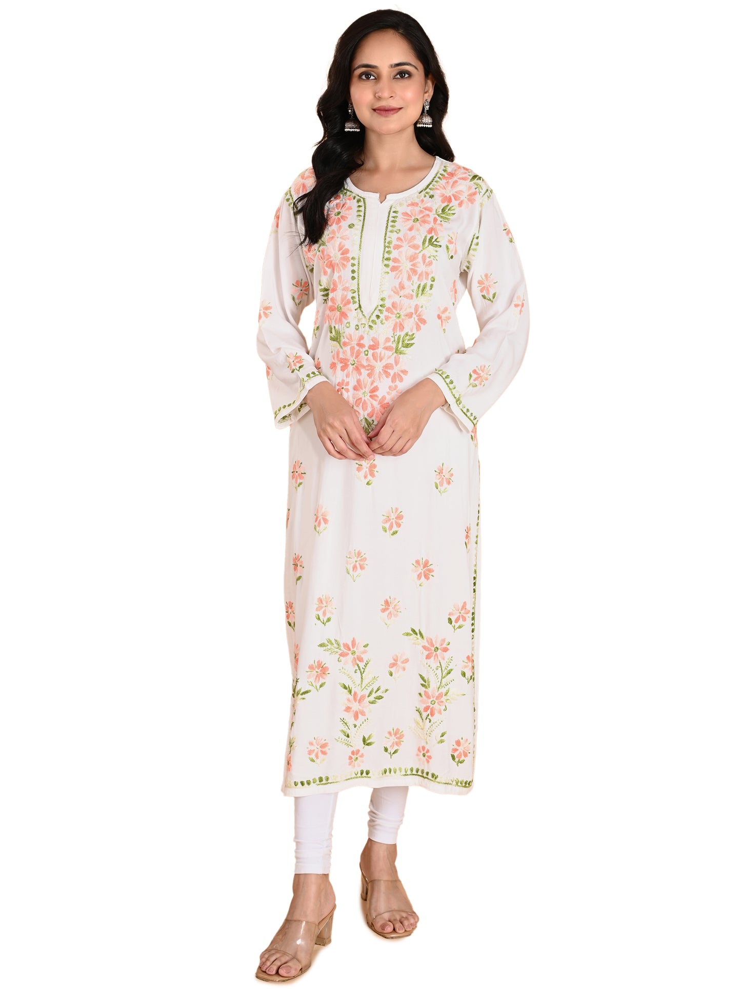 White Rayon Lucknowi Chikankari Long Kurta for Women with Peach & Green Floral Hand Embroidery – Ethnic Wear Kurti