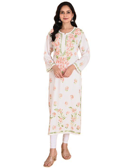 White Rayon Lucknowi Chikankari Long Kurta for Women with Peach & Green Floral Hand Embroidery – Ethnic Wear Kurti
