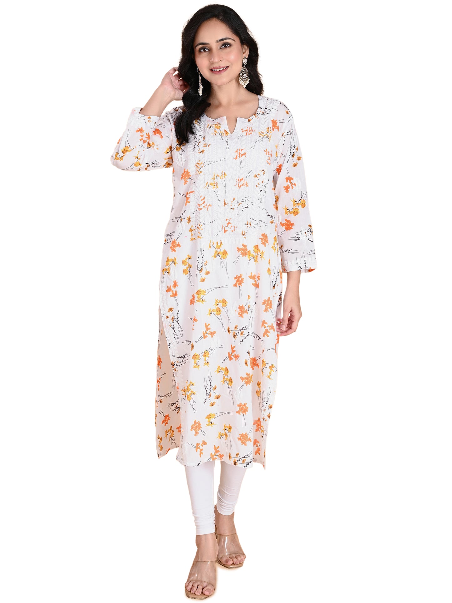 Mulmul Cotton Lucknowi Chikankari Orange Floral Printed Long Kurta for Women with Hand Embroidery – Ethnic Wear Kurti