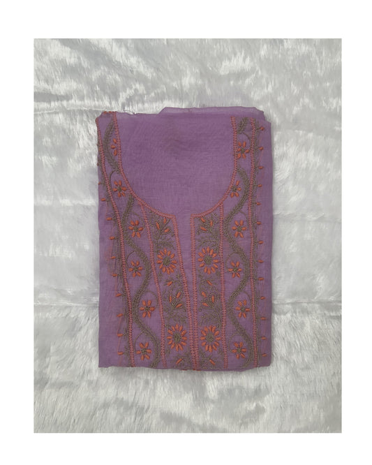 Pure Mul Chanderi Lucknow Chikankari Unstitched Suit for Women (Lavender) | Hand Embroidered Designer 3 Piece Dress Material with Dupatta & Bottom | Ethnic Wear Kurta Set - Lavender