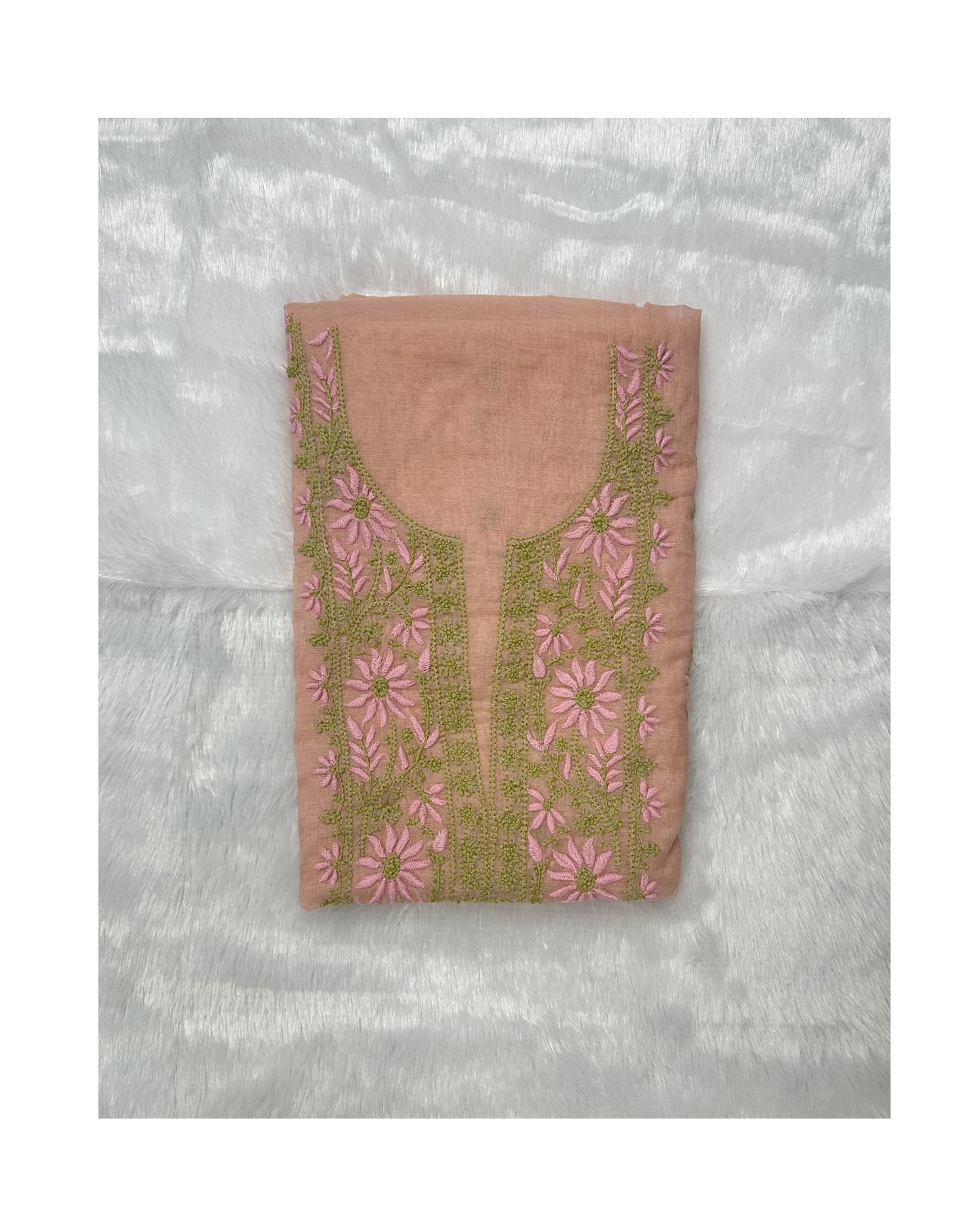 Pure Mul Chanderi Lucknow Chikankari Unstitched Suit for Women – Hand Embroidered 3 Piece Dress Material with Dupatta & Bottom | Designer Glass Gala Neck | Handmade Ethnic Wear | Peach