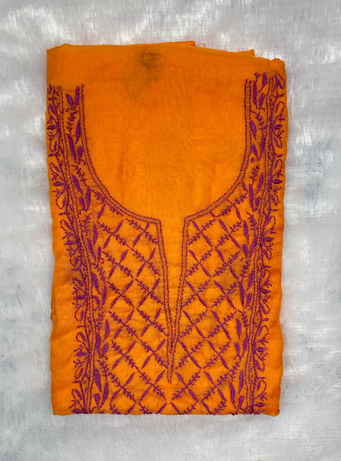 Pure Mul Chanderi Lucknowi Chikankari Unstitched Suit for Women with Dupatta – Hand Embroidered Ethnic Dress Material (2 Piece Set) - Orange 2