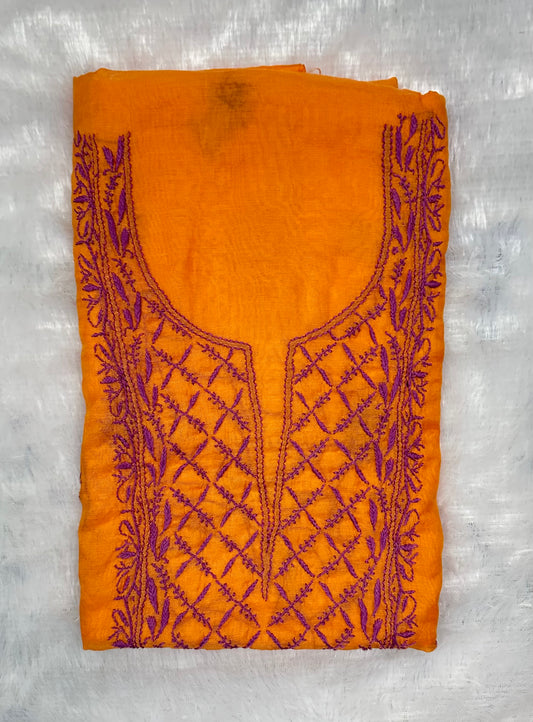 Pure Mul Chanderi Lucknowi Chikankari Unstitched Suit for Women with Dupatta – Hand Embroidered Ethnic Dress Material (2 Piece Set) - Orange 2