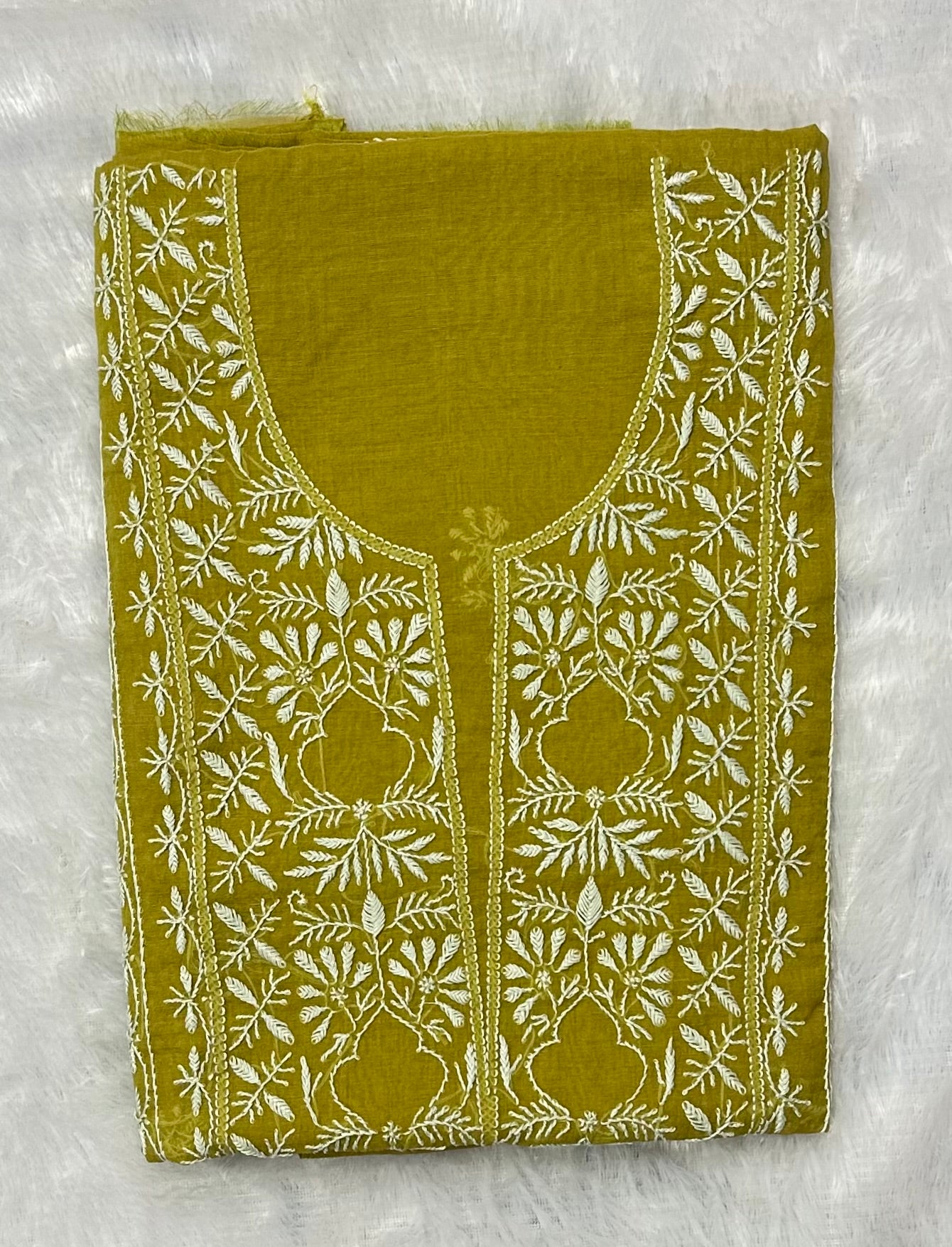 Pure Mul Chanderi Lucknowi Chikankari Unstitched Suit for Women with Dupatta – Hand Embroidered Ethnic Dress Material (2 Piece Set) - Mehendi