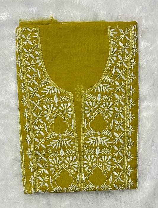 Pure Mul Chanderi Lucknowi Chikankari Unstitched Suit for Women with Dupatta – Hand Embroidered Ethnic Dress Material (2 Piece Set) - Mehendi