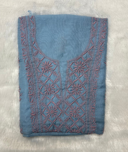Pure Mul Chanderi Lucknowi Chikankari Unstitched Suit for Women with Dupatta – Hand Embroidered Ethnic Dress Material (2 Piece Set) - Sky Blue