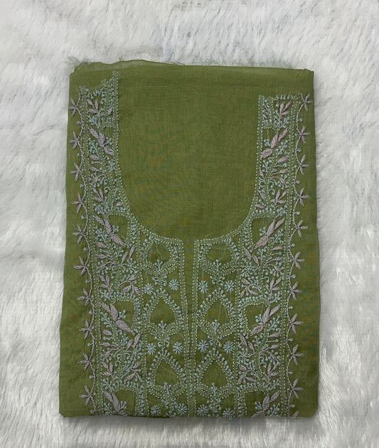 Pure Mul Chanderi Lucknowi Chikankari Unstitched Suit for Women with Dupatta – Hand Embroidered Ethnic Dress Material (2 Piece Set) - Green