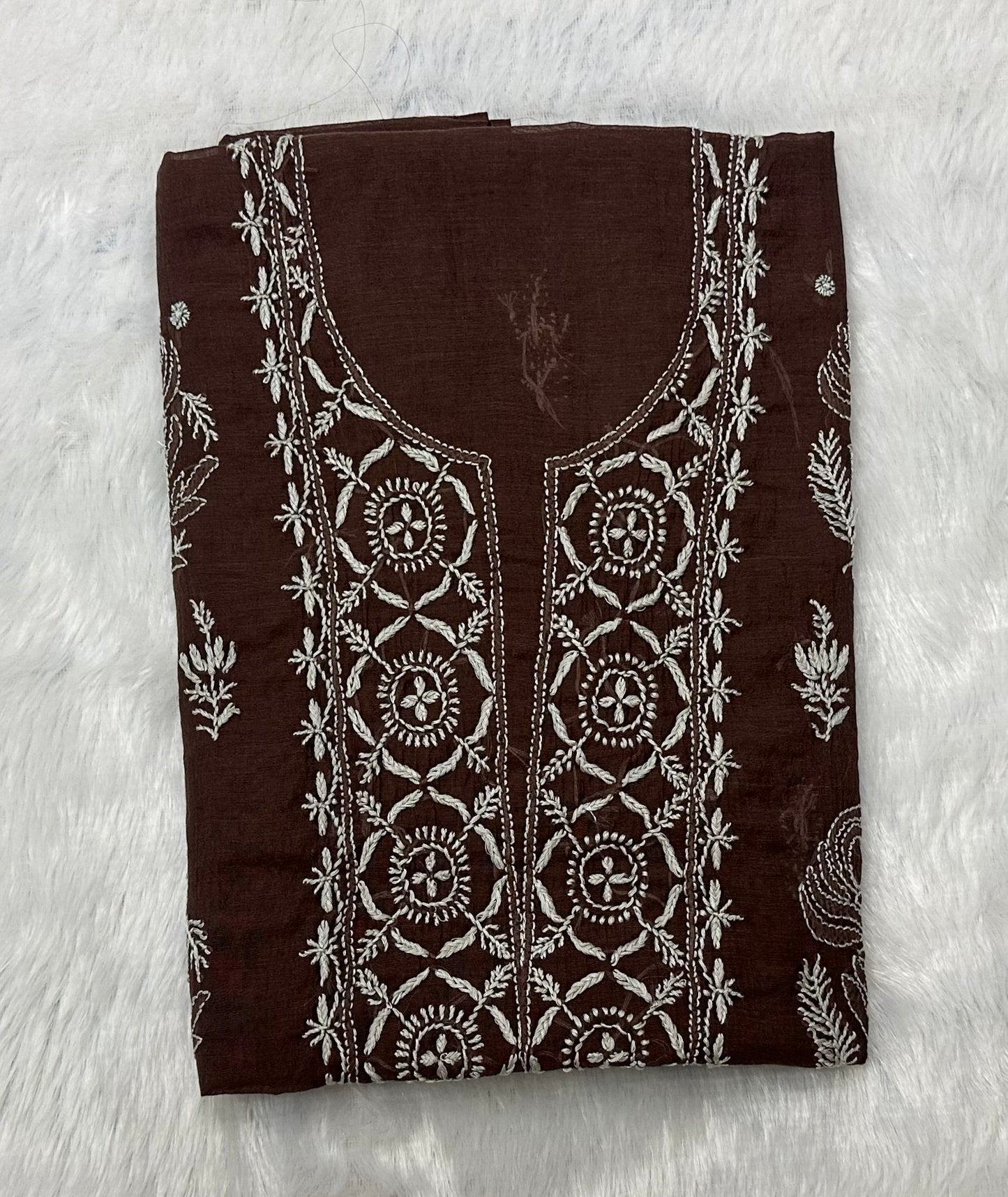 Pure Mul Chanderi Lucknowi Chikankari Unstitched Suit for Women with Dupatta – Hand Embroidered Ethnic Dress Material (2 Piece Set) - Brown