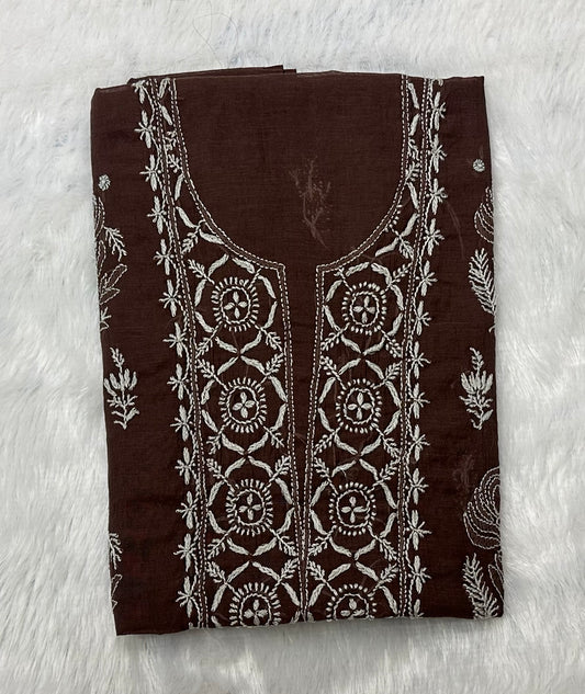 Pure Mul Chanderi Lucknowi Chikankari Unstitched Suit for Women with Dupatta – Hand Embroidered Ethnic Dress Material (2 Piece Set) - Brown
