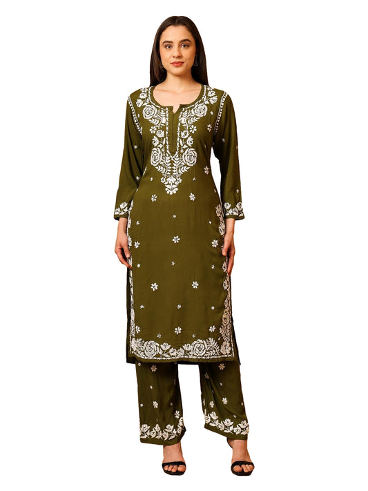 Nazaira Women’s Rayon 3D Work Lucknow Chikankari Kurta with Palazzo Set | Hand Embroidered Lucknawi Chickankari Kurti | Ethnic Wear for Women | Mehndi Green |