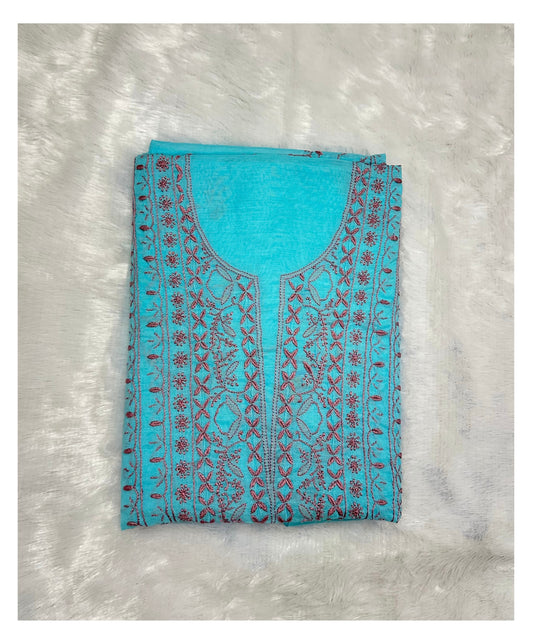Pure Mul Chanderi Lucknowi Chikankari Unstitched Suit for Women with Dupatta – Hand Embroidered Ethnic Dress Material (2 Piece Set) - Sea Blue