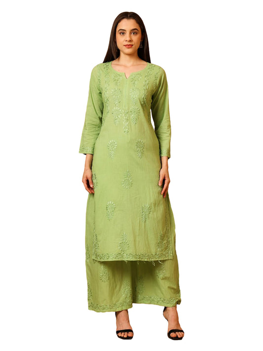 Cotton Chikankari Kurta Palazzo Set for Women | Hand Embroidered Lucknowi Chikankari Kurti with Palazzo | Ethnic Wear Long Kurta Set (Green) | Handmade Cotton Kurta for Women