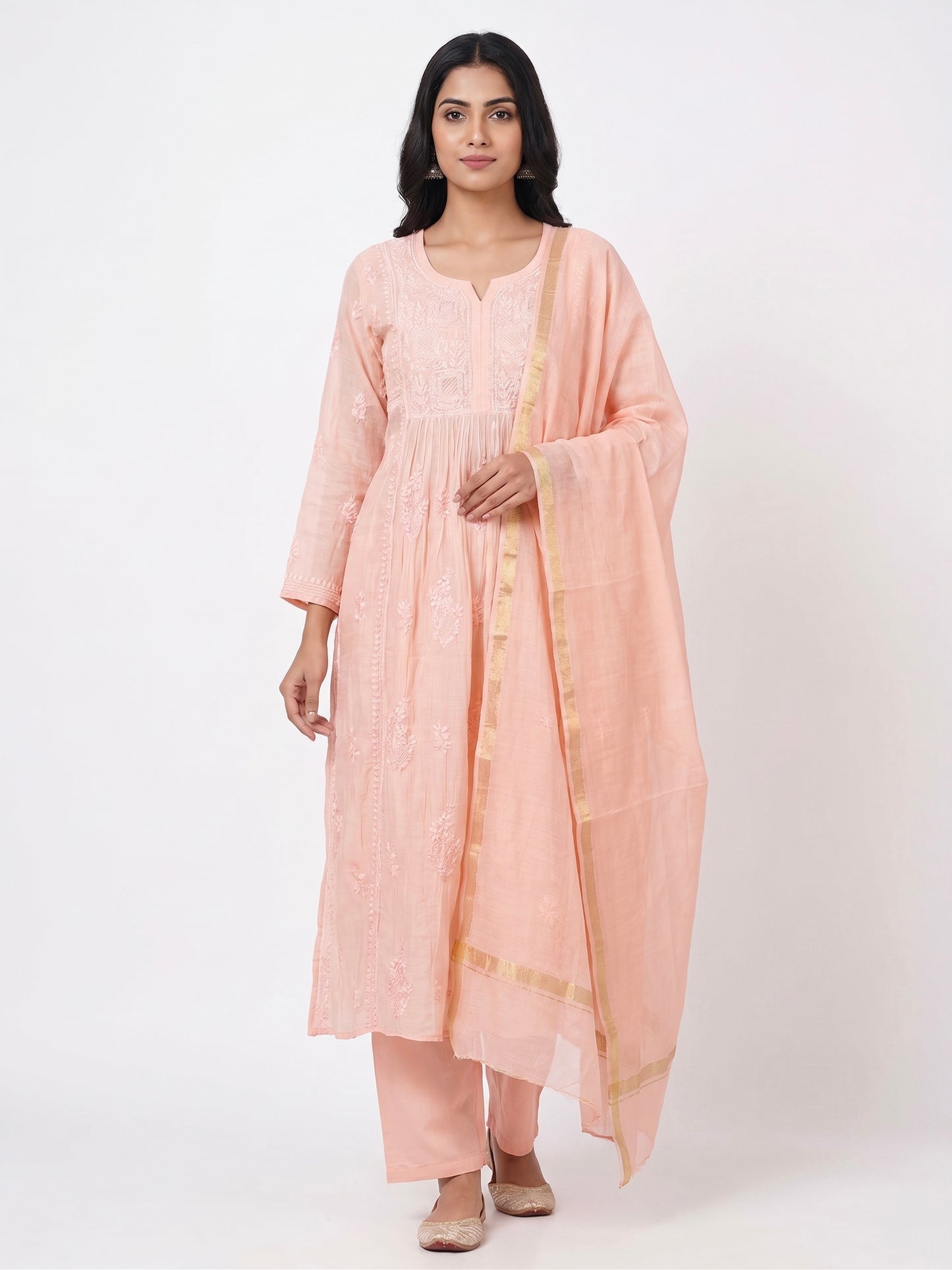 Nazaira Pure Mul Chanderi Lucknow Chikankari Semi-Stitched Suit for Women with Dupatta | Hand Embroidered Naira Cut Gown Style Dress Material | Heavy Cutdana & Sequin Handwork | Peach Pink Ethnic Wear