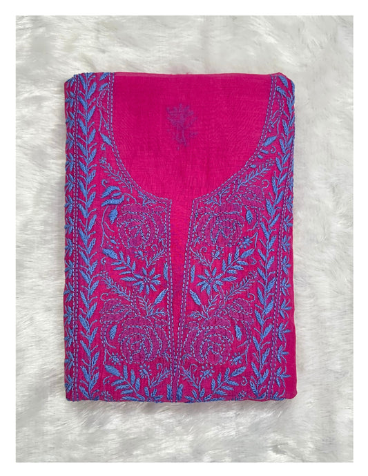 Pure Mul Chanderi Lucknowi Chikankari Unstitched Suit for Women with Dupatta – Hand Embroidered Ethnic Dress Material (2 Piece Set) - Magenta