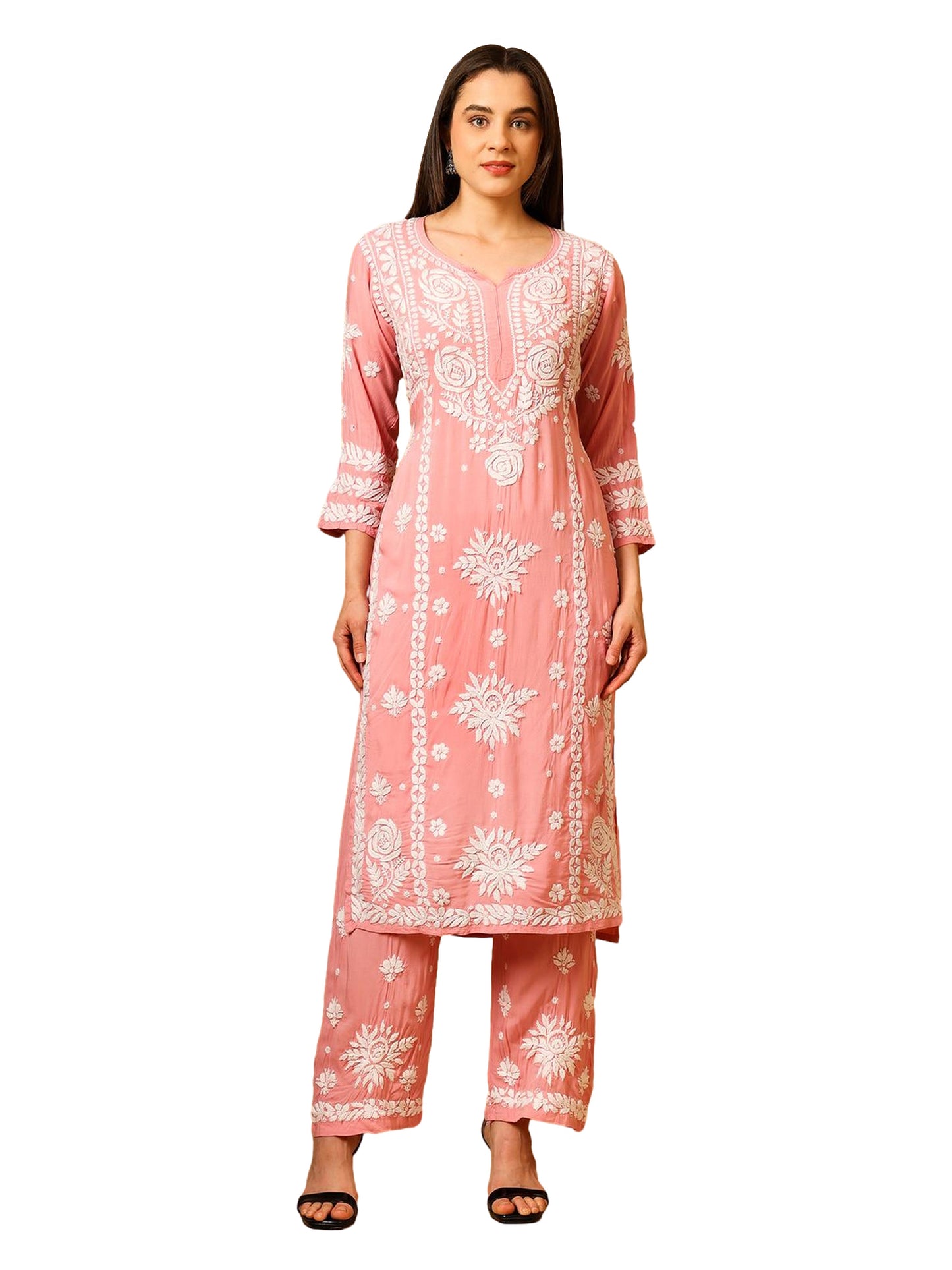 Nazaira Modal Lucknow Chikankari Kurta Set for Women with Palazzo | 3D Hand Embroidery Long Kurti | Ethnic Wear for Women | Handmade Luckhnawi Chickankari | Pink |