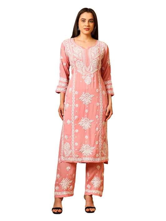 Nazaira Modal Lucknow Chikankari Kurta Set for Women with Palazzo | 3D Hand Embroidery Long Kurti | Ethnic Wear for Women | Handmade Luckhnawi Chickankari | Pink |