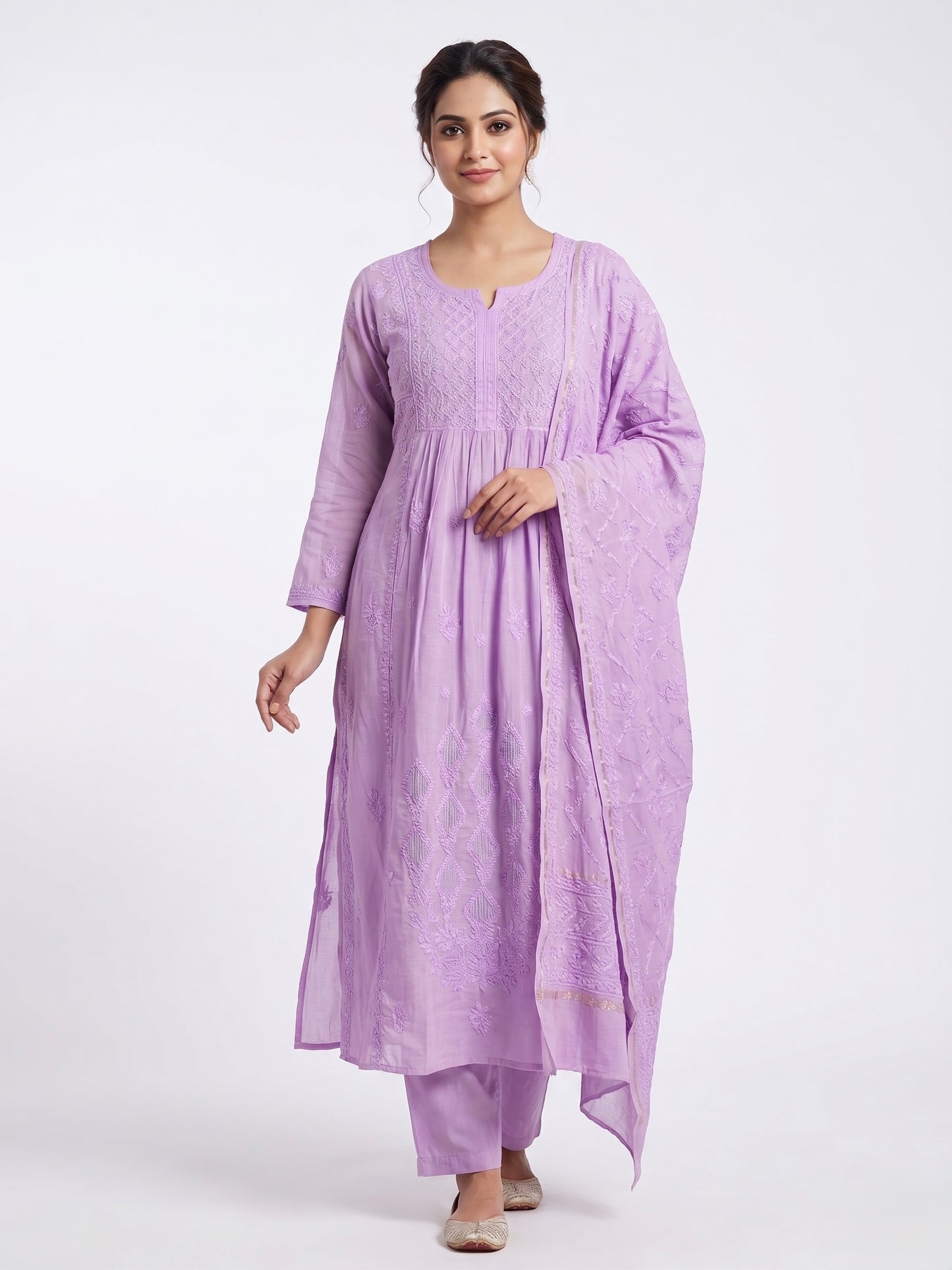 Nazaira Pure Mul Chanderi Semi-Stitched Dress Material for Women with Dupatta | Hand Embroidered Lucknow Chikankari Suit | Naira Cut Gown Style Ethnic Wear | Heavy Cutdana Work | Lavender