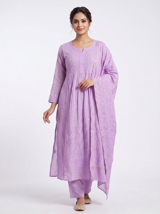 Nazaira Pure Mul Chanderi Semi-Stitched Dress Material for Women with Dupatta | Hand Embroidered Lucknow Chikankari Suit | Naira Cut Gown Style Ethnic Wear | Heavy Cutdana Work | Lavender