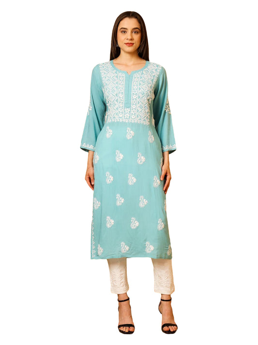 Nazaira Women’s Modal Chikankari Kurta Sea Green | Hand Embroidered Lucknowi Chikankari Kurti | Ethnic Wear Long Kurta for Women | Lightweight Breathable Daily & Festive Wear