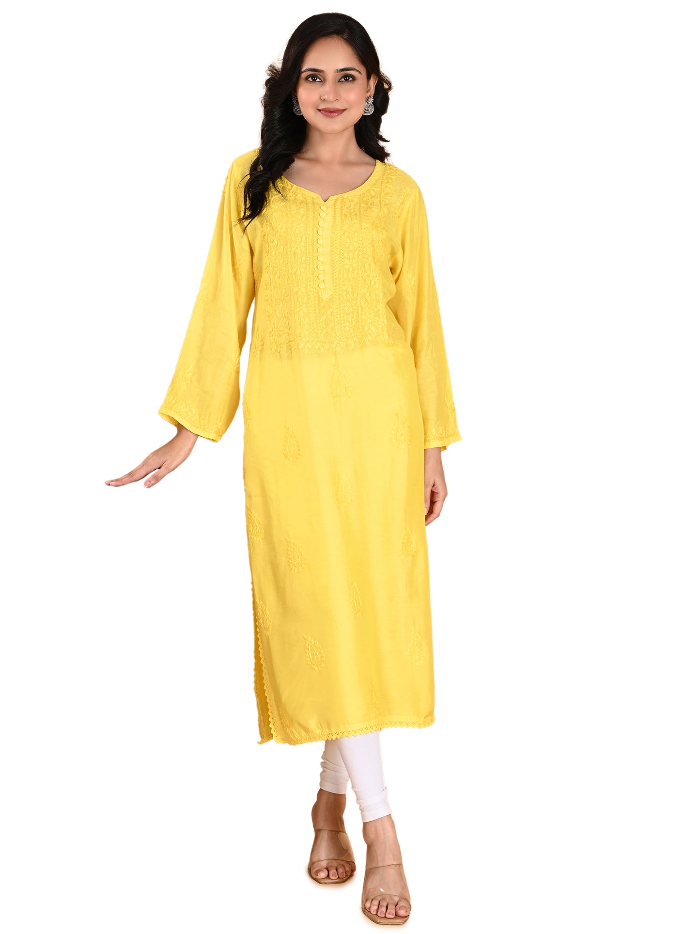 Yellow Muslin Lucknowi Chikankari Long Kurta for Women with Hand Embroidery – Elegant Traditional Ethnic Wear Kurti