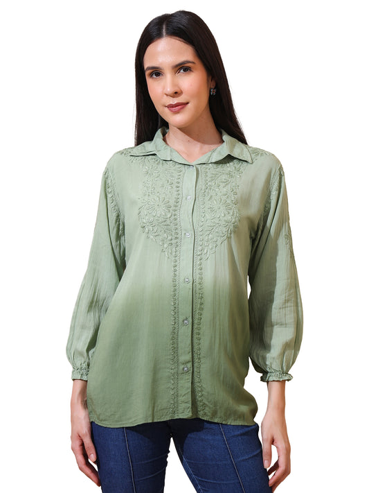 Nazaira Women’s Modal Lucknow Chikankari Shirt for Women | Hand Embroidered Luckhnawi Chickankari Top | Green Ombre Ethnic Wear Shirt with 3/4 Sleeves | Handmade for Women