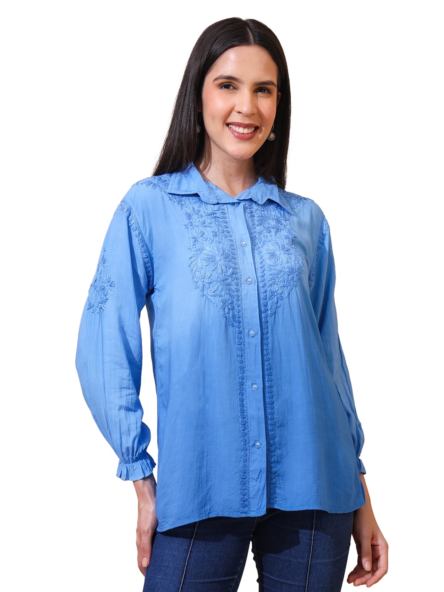 Nazaira Women’s Modal Lucknow Chikankari Shirt for Women | Hand Embroidered Luckhnawi Chickankari Top | Blue Ombre Ethnic Wear Shirt with 3/4 Sleeves | Handmade for Women