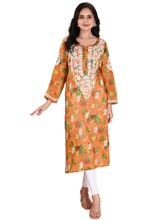 Mustard Mul Cotton Lucknowi Chikankari Floral Printed Long Kurti for Women with Hand Embroidery – Elegant Ethnic Wear Kurta