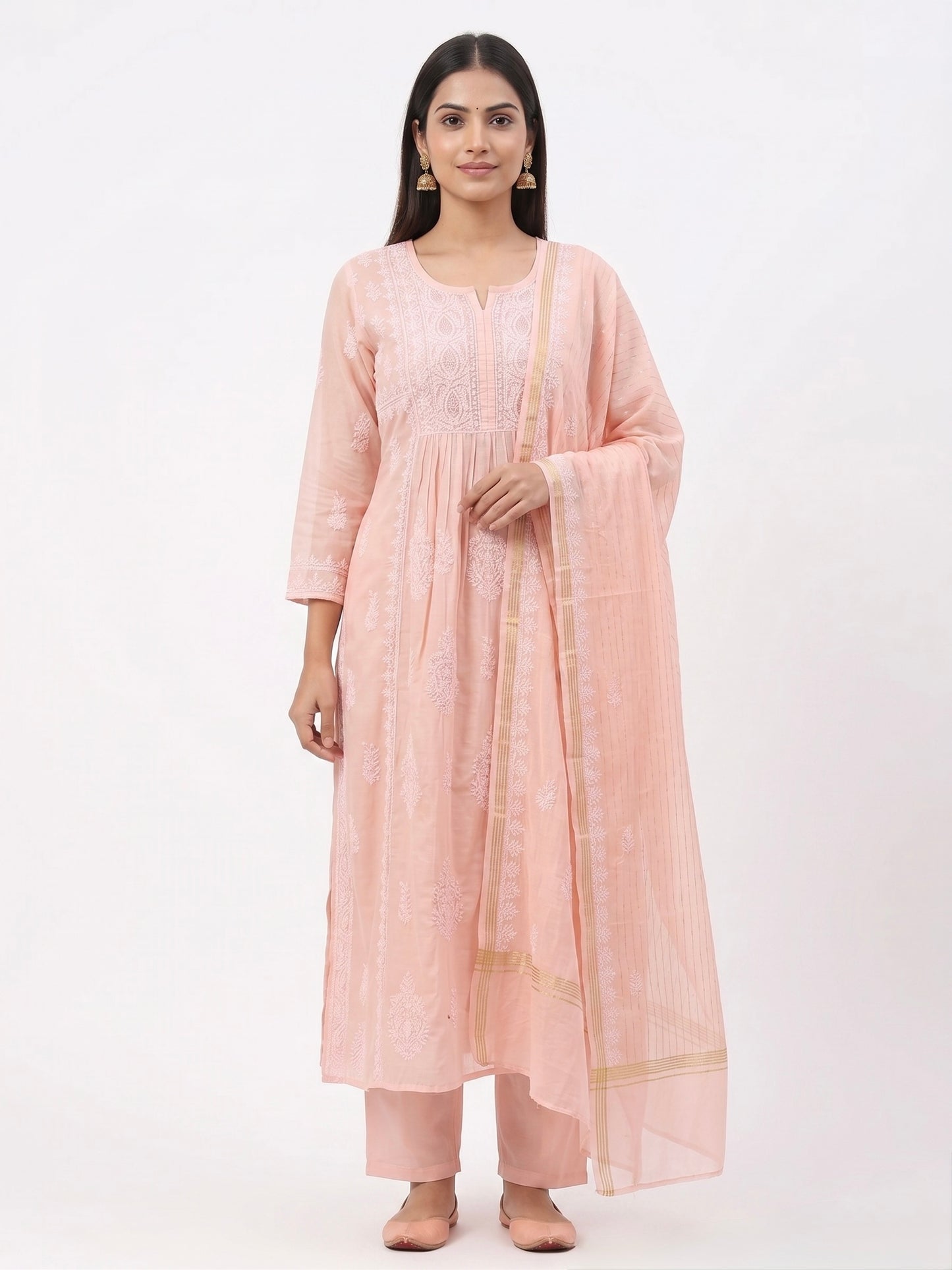 Nazaira Pure Mul Chanderi Semi-Stitched Suit for Women with Dupatta | Authentic Lucknow Chikankari Hand Embroidery | Heavy Cutdana Work | Naira Cut Gown Style Dress Material | Baby Pink Ethnic Wear