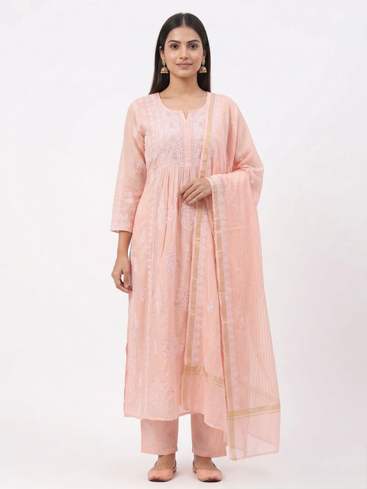 Nazaira Pure Mul Chanderi Semi-Stitched Suit for Women with Dupatta | Authentic Lucknow Chikankari Hand Embroidery | Heavy Cutdana Work | Naira Cut Gown Style Dress Material | Baby Pink Ethnic Wear