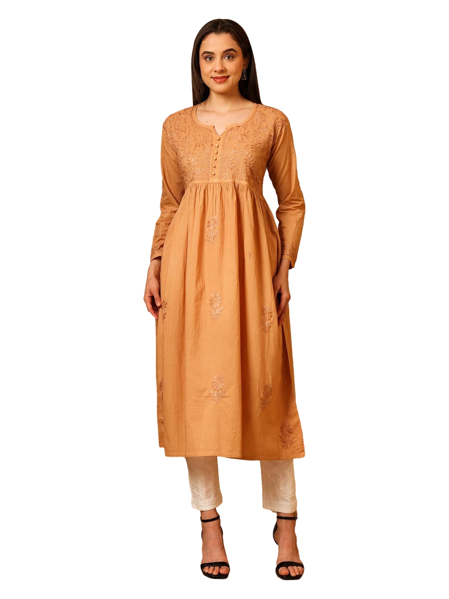 Nazaira Women’s Cotton Chikankari Kurta Gown Style Beige | Hand Embroidered Lucknow Chikankari Kurti | Ethnic Wear for Women | Long Anarkali Kurta | Handmade Cotton Kurta