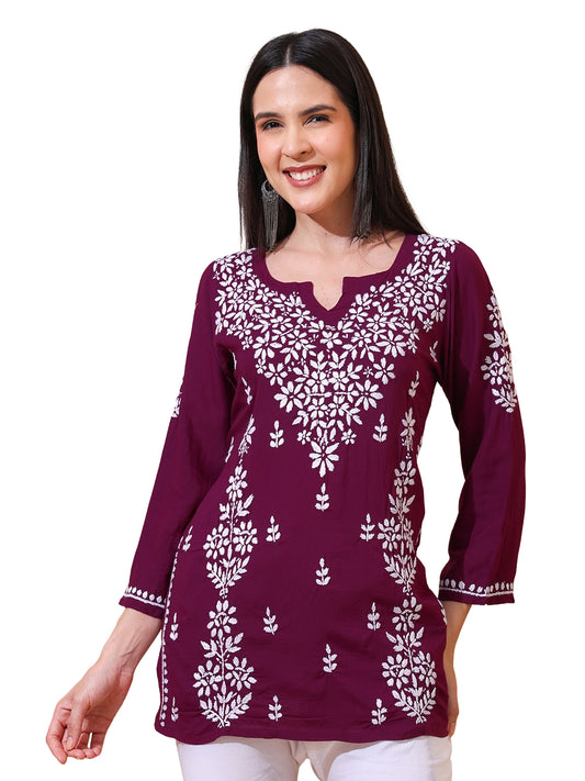 Nazaira Women’s Modal Lucknow Chikankari Short Kurta | Hand Embroidered Luckhnawi Kurti for Women | Ethnic Wear Tunic Top with Panel Work | Wine