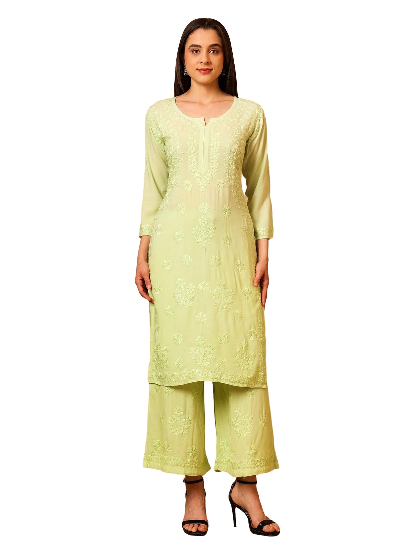Nazaira Women’s Rayon Lucknow Chikankari Kurta Palazzo Set | Pista Green Ombre Hand Embroidered Kurti Set | Ethnic Wear for Women | Handmade Luckhnawi Chickankari Kurta with Palazzo