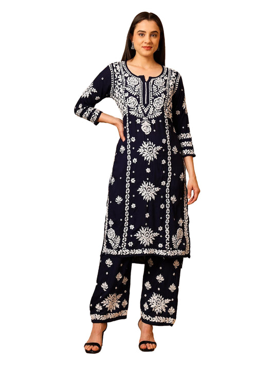 Nazaira Modal Lucknow Chikankari Kurta Set for Women with Palazzo | 3D Hand Embroidery Long Kurti | Ethnic Wear for Women | Handmade Luckhnawi Chickankari | Navy Blue |