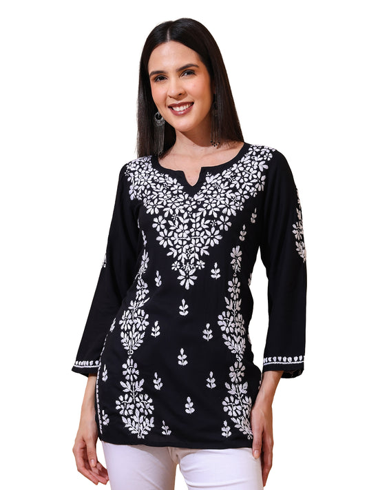 Nazaira Women’s Modal Lucknow Chikankari Short Kurta | Hand Embroidered Luckhnawi Kurti for Women | Ethnic Wear Tunic Top with Panel Work | Black