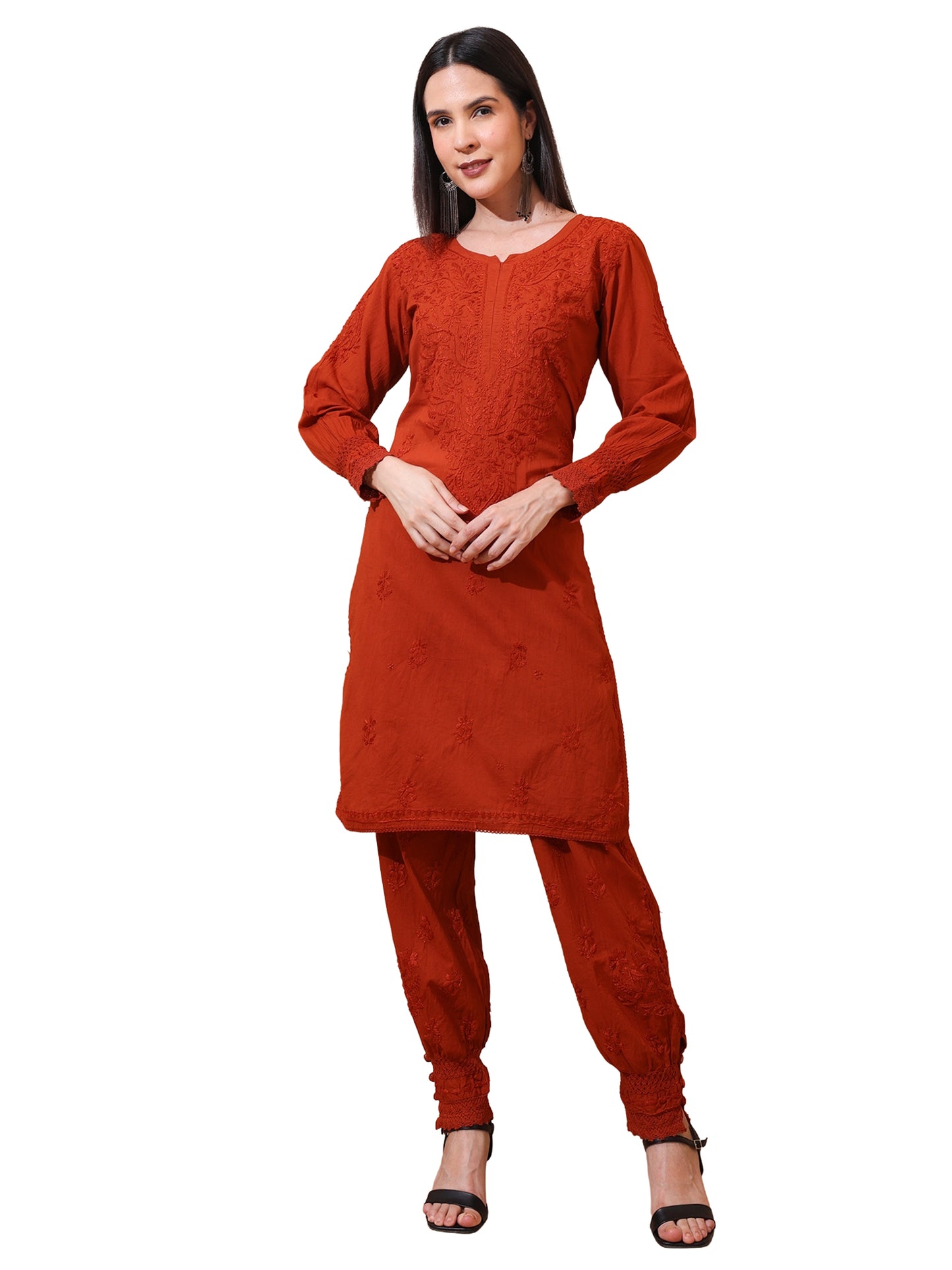Nazaira Women’s Cotton Chikankari Kurta Pant Set | Hand Embroidered Lucknowi Chikankari Afghani Set for Women | Ethnic Kurti Set with Bottom Wear | Rust