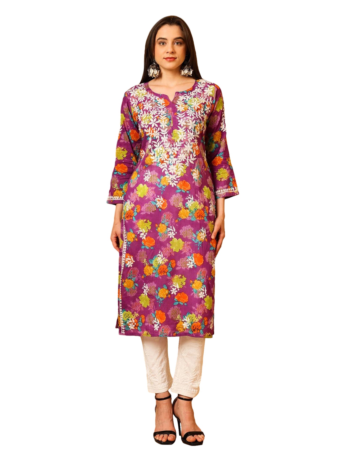 Nazaira Women’s Purple MUL Cotton Lucknowi Chikankari Long Kurti | Hand-Embroidered Floral Printed Cotton Kurta | Elegant Ethnic Wear for Women | Traditional Lucknow Chikan Work |