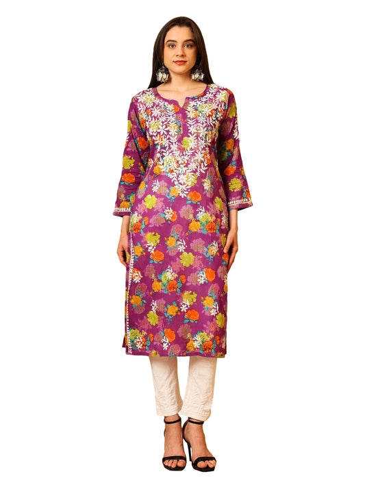 Nazaira Women’s Purple MUL Cotton Lucknowi Chikankari Long Kurti | Hand-Embroidered Floral Printed Cotton Kurta | Elegant Ethnic Wear for Women | Traditional Lucknow Chikan Work |